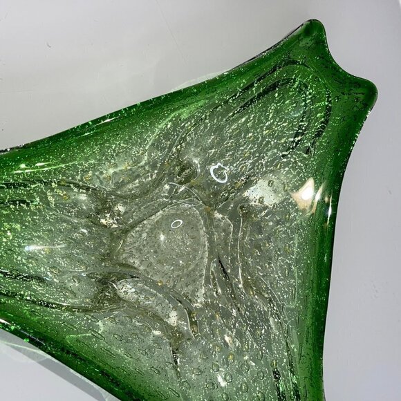 Murano Art Glass Bowl Green Gold Flecks Controlled Bubbles Bullicante MCM - Picture 5 of 15